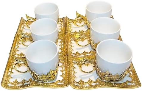 כוס תה של צ'נדלר וסט צלחתים של 6 חרסינה לבנה עם קופסת מתנה של מבטא אקרילי מוזהב 6 fl oz 180 מל