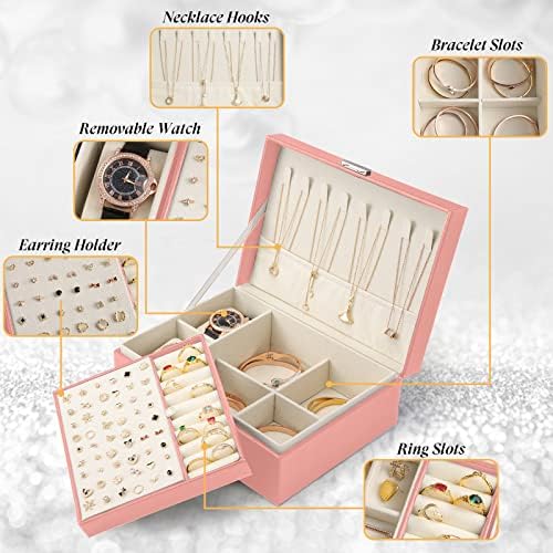 קופסת תכשיטים לנשים נערות נשים, מארגן תכשיטים עם עגילי תצוגת מגש נשלפים צמידי שרשראות טבעות, שתי שכבות של נעילה,