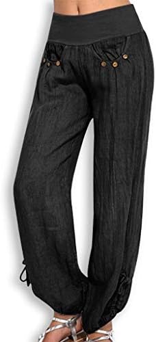 מכנסי פשתן כותנה לנשים, בתוספת סגירת כפתור רופף מזדמן סגירת מכנסי רגל רחבים נמוכים מכנסיים רחבים לנשים