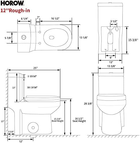 Horow HWMT-87333 קומפקטי קטן שירותים חתיכה לחדר אמבטיה, סומק עוצמתי ושקט סומק מודרני, 12 '' שירותים