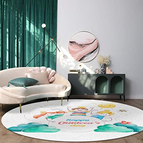 שטיח אזור עגול גדול לחדר שינה בסלון, שטיחים 3ft ללא החלקה לחדר לילדים, שמח יום ילדים בצבעי מים מצוירים בסגנון
