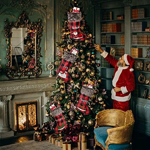 גרבי חג המולד של אופיין 4 חבילה 18 '' פליס רקום ופשתן יוטה אדומה כפרי בית חווה אח תלויה קישוט לקישוטים משפחתיים