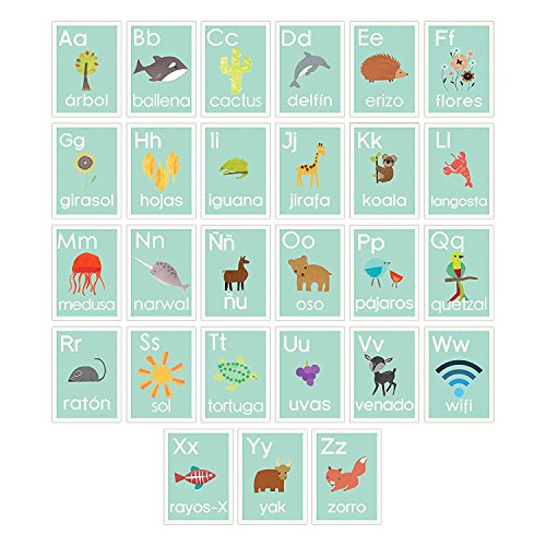 אלפבית ספרדי 5 על 7 כרטיסי קיר, טבע כחול, אמנות קיר לילדים, עיצוב משתלה, עיצוב חדר ילדים, עיצוב משתלה