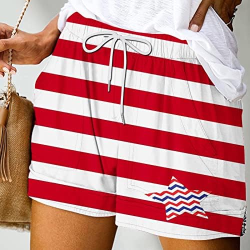 נשים ספורט מכנסיים קצרים מזדמנים הדפס דגל אמריקאי כיסים רופפים שרוך חוף זיעה חוף בנים למסיבה פטריוטית