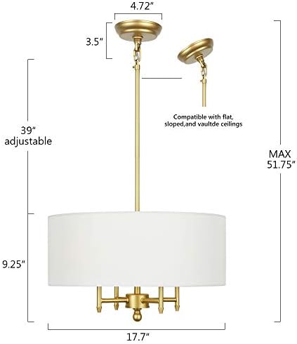 4 - אור נברשת זהב מודרני נברשת עם לבן פשתן תוף צל 17.7 תוף תליון אור קבועה עבור אוכל חדר סלון