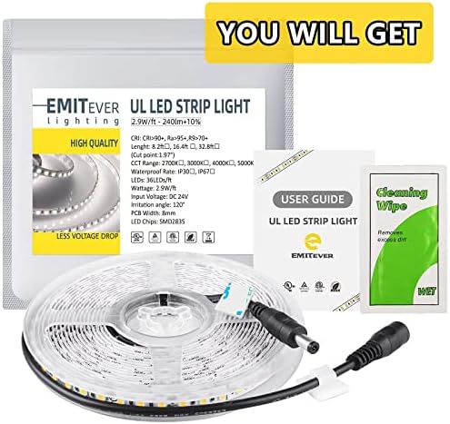 אורות רצועת LED פטרים ניטרלי לבן, 4000K 24V LED Tape Light UL רשום, RA 95+, IP30, 32.8ft, 2.9W/ft,