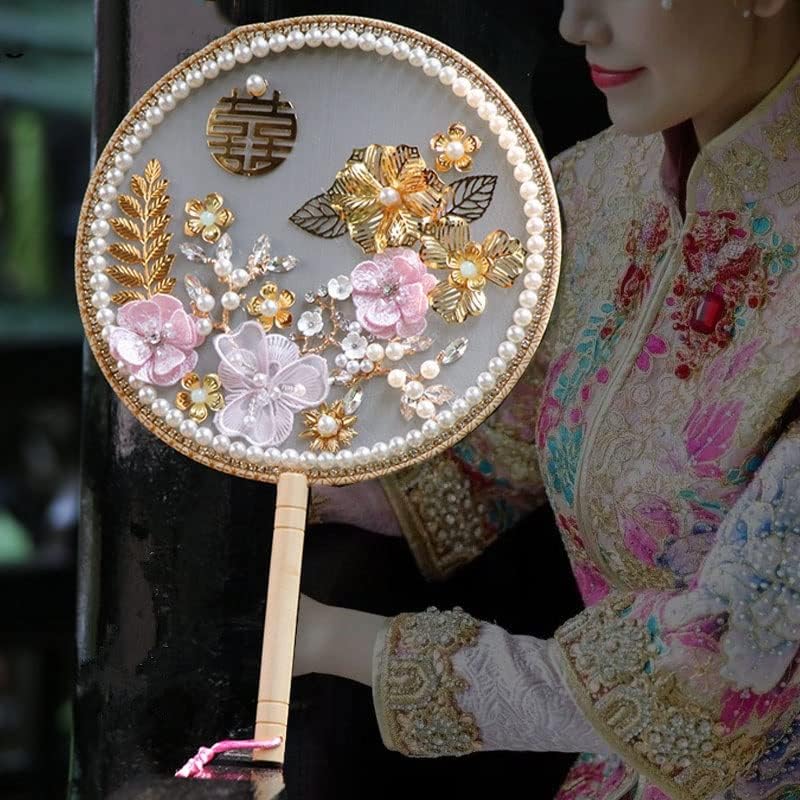 Zsqhd קשר סיני פרחים ורודים מאווררי כלה חרוזים פרל גביש זהב תלבושת עתיקה תחפושת עגולה כלה מעריץ יד