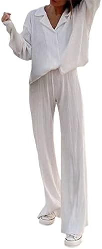 נשים 2 חתיכה פשתן מכנסיים סט קיץ מזדמן תלבושות ארוך שרוול כפתור למטה חולצה גבוהה מותן מכנסיים