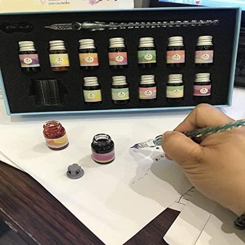 ערכת עט טבילה של ASXMA Calligraphy - 12 דיו צבעוני, מחזיק עט זכוכית, זכוכית, עט קריסטל לאמנות, כתיבה, רישום,