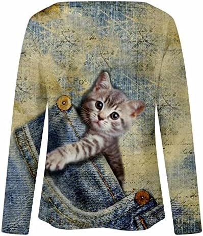 שרוול ארוך בצבע בז ', נשות חולצות צוותי צוואר חתול גרפי גרפי טוניקה בראנץ