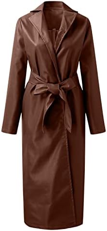 מעילי טרנץ 'לנשים מעילי חורף נשים אופנה אלגנטית צבע אחיד פונה לאחור צווארון עור PU טמפרמנט בגדי הלבשה חיצונית