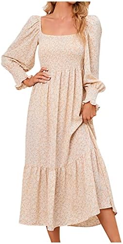 שמלת הדפס פרחונית של נשים שמלת הדפס מרובעת מזדמנת שמלת שרוול ארוך שמלות זורמות זורמות שמלות מקסי טרנדיות