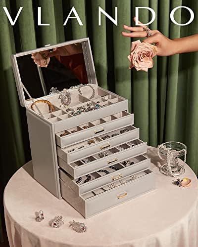 Vlando 6 קופסת תכשיטים גדולה לנשים - ארגון תכשיטים ענק עם מראה עם מראה, מארגן אחסון תכשיטים גדול לצמיד טבעת