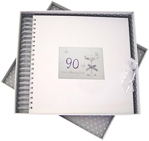 כרטיסי כותנה לבנים יום הולדת 90, ספר קלפים וזיכרון, זכוכית קופה, עץ, לבן, 27x30x4 סמ