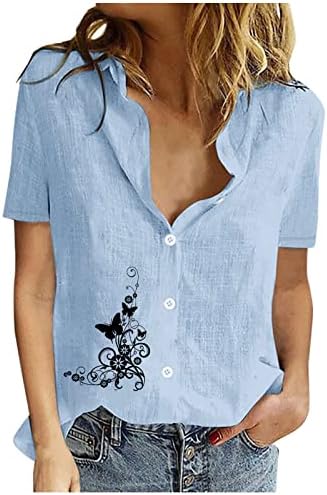 חולצות פשתן כותנה לנשים כפתור צוואר דש כפתור למטה חולצות שרוול קצר
