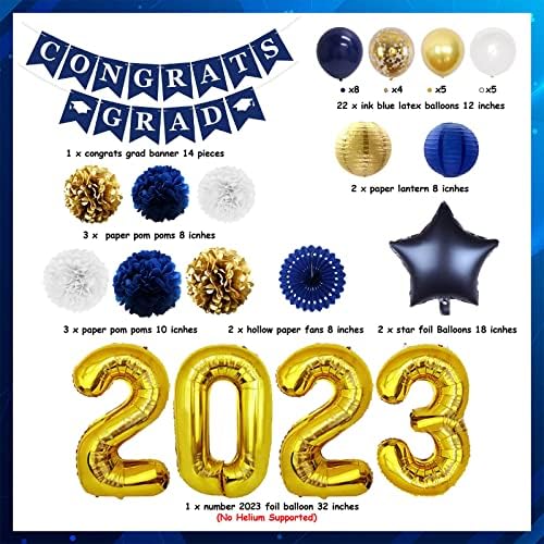 2023 סיום קישוטי חיל הים כחול וזהב-מזל טוב גראד באנר רקמות פונפונים נייר פנסי מספר 2023 רדיד בלוני לכיתה