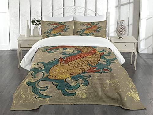אמבסון יפני מיטה מיטה, סגנון גראנג 'מים מזרחיים קוי קרפיון דגים נושאים מימיים דפוס במצוקה, דקורטיבית
