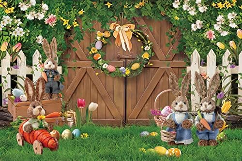 12x10ft קפיץ תפאורות חג הפסחא ביצים צבעוניות ארנב דלת עץ כפרי עלים ירוקים עלים קיר רקע דשא ארנב פרחוני