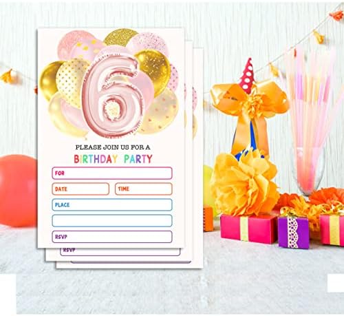 GGJGRPX כרטיס הזמנה למסיבת יום הולדת 6, כרטיסי הזמנה למסיבות בלון לילדים, בנות בנות, חגיגת מסיבות