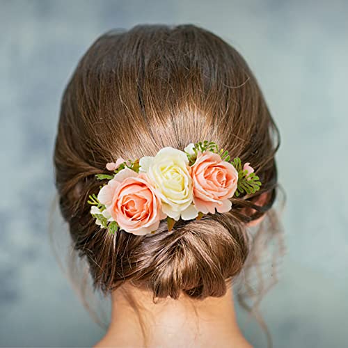 קטעי כלות חתונה סיכת שיער 1 חבילה מתכת שיער מסרקי צד עם פרח ורד מלאכותי חרס פרחוני לחמניות צ'יגון
