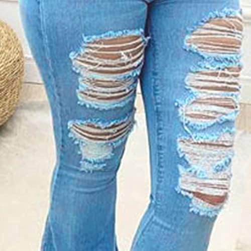 נשים בגדים פלוס בגודל ג'ינס קרוע לנשים מכנסי רגל רחבים נמתחים מכנסי התלקחות רגל רחבים טחונים ללא רוכבים