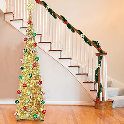 עץ עיפרון חג המולד מואר 5 מטר עץ עץ חג המולד עם טיימר 30 קישוט כדור 50 אורות צבע סוללה כוכבים מופעלת, נצנצים קליפור