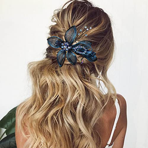 קמפסיס קריסטל סיכות שיער כלה קליפים שיער פרח כחול עבור אביזרי כלה אבני חן חתיכת שיער למסיבת חתונה לנשף השושבינות
