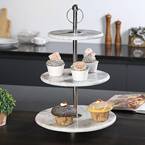 MyGift מודרני 3 מגדל קינוח שכבות, עוגת שיש עגולה של שיש עם עמוד מתכת טון כסף, תצוגת מזון מעלה